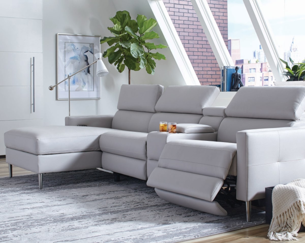 Different ways to arrange a sectional: Beryl 4-piece Power^2 Sectional Light Grey